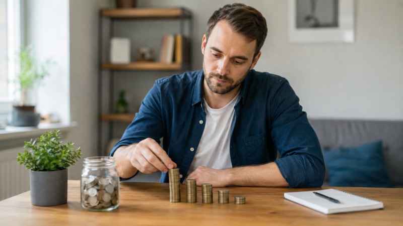 Sloupce mincí rostoucí výšky na stole vedle notebooku s grafem vývoje hodnoty investice