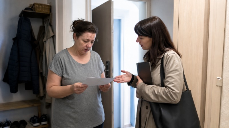 Muž u kuchyňského stolu pročítá úřední dopis, vedle leží obálka s modrým pruhem, složka dokumentů a kalkulačka
