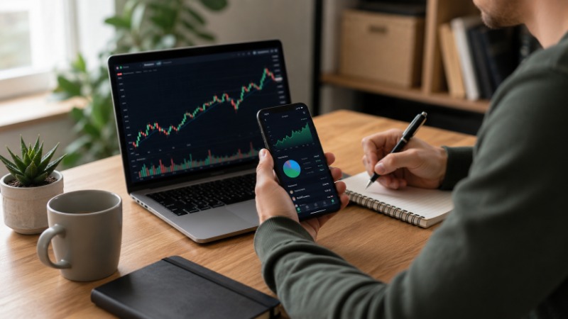 Začínající investor sedí večer u kuchyňského stolu, na notebooku sleduje graf vývoje indexového fondu a vedle má poznámkový blok s výpočty