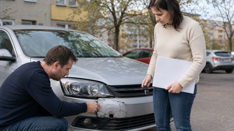 Muž kontroluje přední nárazník auta po drobné nehodě na parkovišti